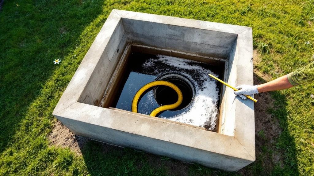 Lifted concrete septic tank lid showing scum and sludge layers during a Cincinnati pumping